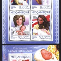 Чисти марки в малък лист и блок Принцеса Шарлот, Лайди Даяна 2016 от Мазамбик , снимка 1 - Филателия - 38294070