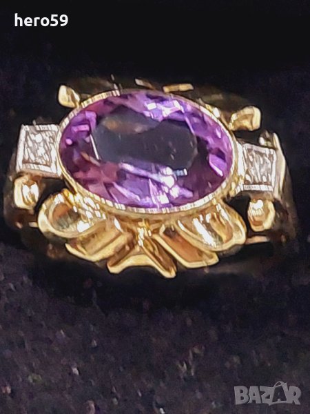 Златен пръстен с аметист и два брилянта-злато 14к., снимка 1