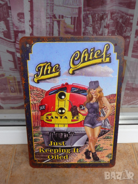 Метална табела влак локомотив момиче еротика Санта Фе релси , снимка 1