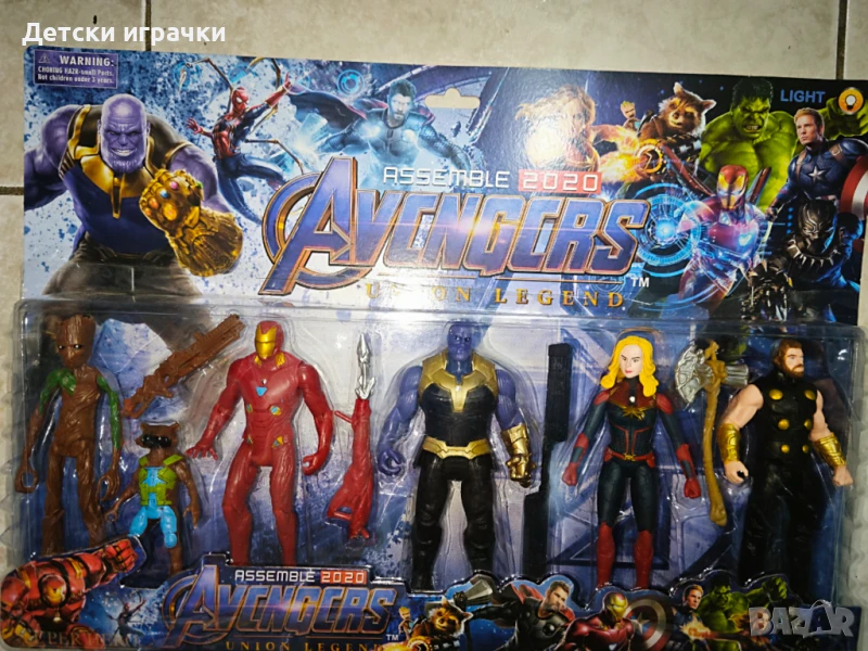 Комплект фигурки Отмъстителите 6 броя, Дърво, Тор, Танос, Железния Човек, с оръжия, снимка 1