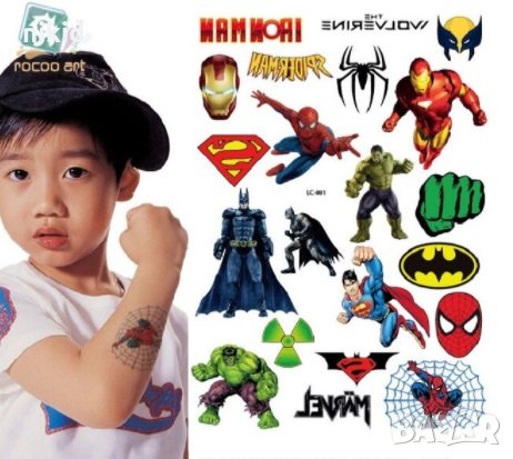 Avengers iron man Хълк Батман Спайдърмен Супермен голям лист татос татуировка временна детска, снимка 1