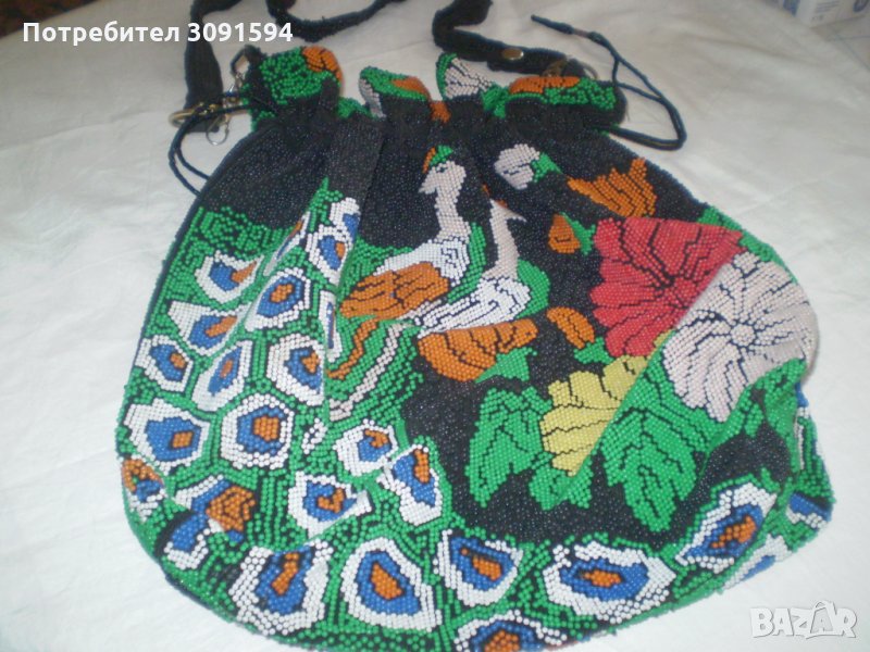 Ретро голяма дамска чанта  от плат с многоцветна мъниста мъниста, снимка 1