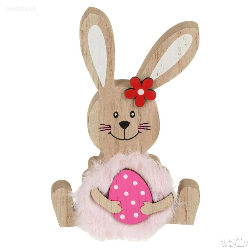 Великденска декорация дървено зайче с розова козина и яйце, 10x1.5x15 см., снимка 1