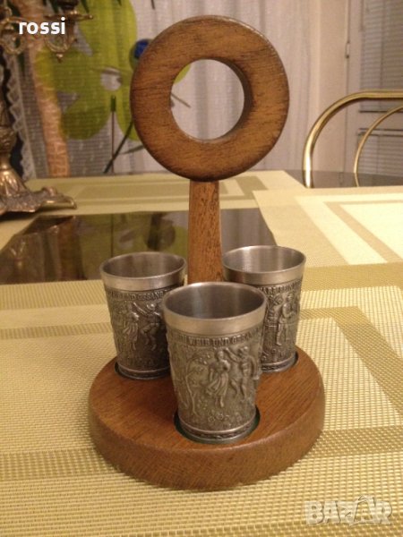Нов! Старинен немски комплект за ракия калай дърво, чаши чаша, снимка 1