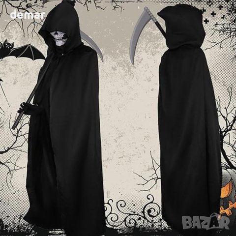 Костюм на Grim Reaper Хелоуин 4 части, черно наметало с маска на черепа, коса, скелетни ръкавици, снимка 6 - Други - 44069211