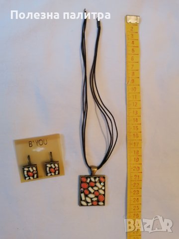 Колие и обици, инкрустация кост и корал. Масова антиалергична бижутерия, снимка 1