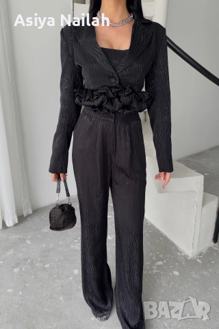 Дамски черен костюм от 3 части – сако, топ и широк панталон, снимка 10 - Костюми - 52792791
