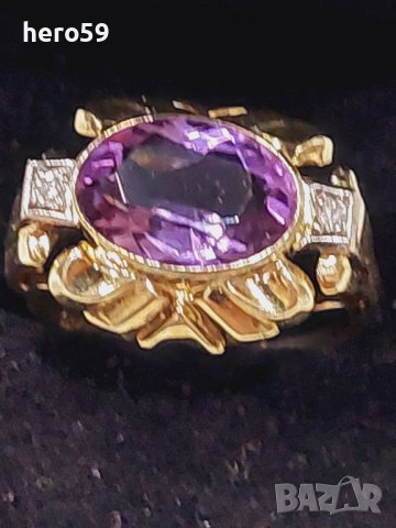 Златен пръстен с аметист и два брилянта-злато 14к., снимка 1 - Пръстени - 43553709