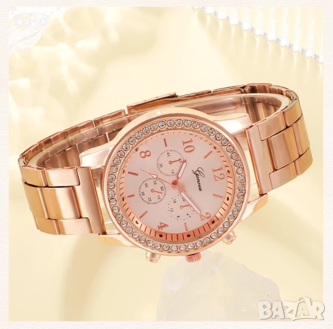 Комплект от луксозни часовник от розов метал и кристали, гривна, пръстен, колие и обеци, снимка 9 - Дамски - 52529332