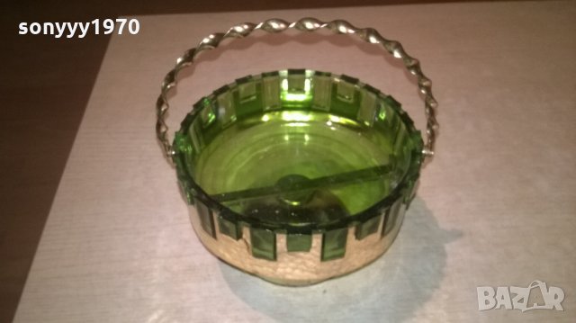 АНТИКА-бонбониера-зелено стъкло/мед месинг-18х18см, снимка 4 - Антикварни и старинни предмети - 26705978
