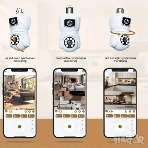 Двойна PTZ WiFi камера, Dual Lens 5 Mpx, Full HD, SD слот, LED лампа, 360°, нощно виждане, снимка 4 - IP камери - 47343134