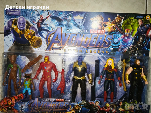 Комплект фигурки Отмъстителите 6 броя, Дърво, Тор, Танос, Железния Човек, с оръжия