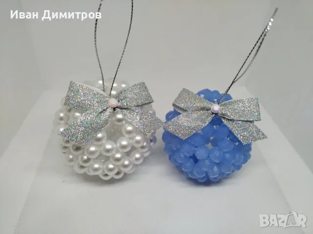 Луксозен ръчно изработен сет Коледни топки за елха от перли и кристали, снимка 2 - Декорация за дома - 47897571