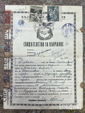 Стар документ свидетелство за венчание 