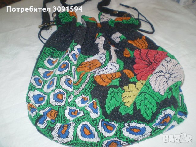 Ретро голяма дамска чанта  от плат с многоцветна мъниста мъниста, снимка 1 - Чанти - 33527355