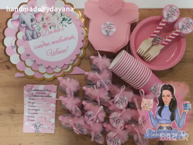 Украса за бебешка погача '' Слонче с розово панделка ", снимка 7 - Декорация - 48647034