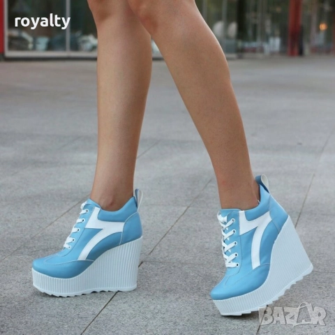 Кецове на платформа - синя кожа с бяло ходило, снимка 3 - Кецове - 52162805