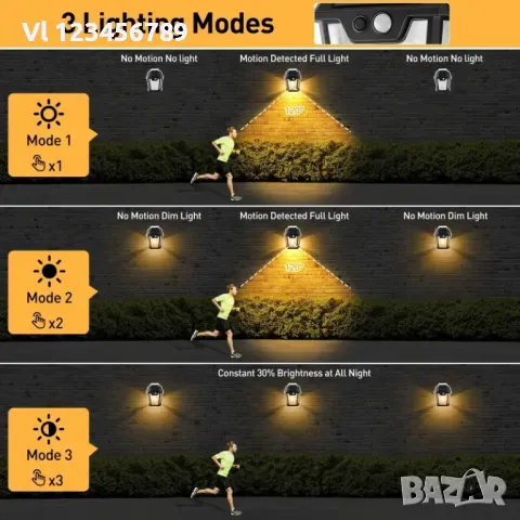 Соларна лампа Solar за стена със сензор и 3 режима на светене,  топла светлина, 3000k,, снимка 5 - Лампи за стена - 47751062