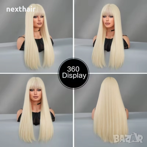 Светло руса права синтетична перука с бретон – 65–70 см, снимка 6 - Аксесоари за коса - 52751551