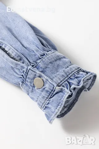 Дамска дънкова риза в синьо с дълъг ръкав и къдрички, снимка 8 - Ризи - 49608026