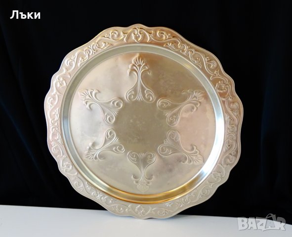 Посребрен поднос,плато 38 см.,720 гр.,приказни орнаменти. , снимка 2 - Антикварни и старинни предмети - 27070507