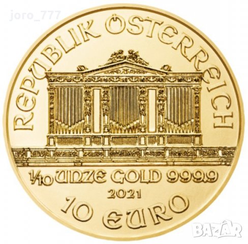 Златна монета Австрийска филхармония 1/10 oz 2021, снимка 2 - Нумизматика и бонистика - 29790854
