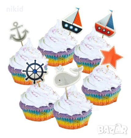 Рул Котва Лодка Кит Морски 24 бр топери клечки за мъфини декорация и украса