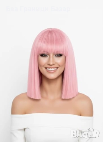 Нова Къса розова перука с бретон за аниме Хелоуин ежедневие Коса жени, снимка 5 - Аксесоари за коса - 52248125