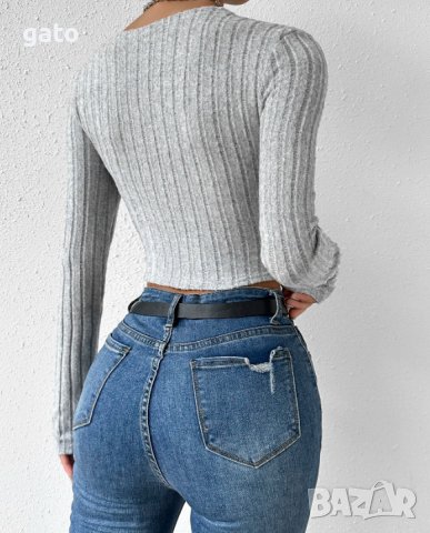 Сива къса преплетена блузка, снимка 3 - Блузи с дълъг ръкав и пуловери - 43089726