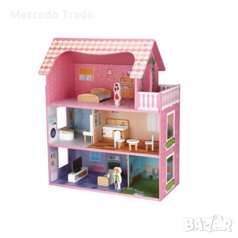 Дървена къща за кукли Mercado Trade, С мебели, 2 фигури, Дърво