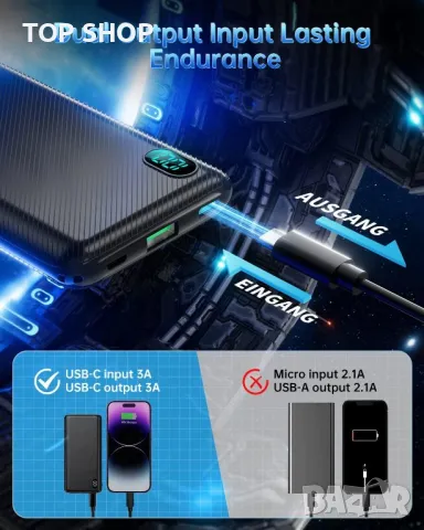 Power Bank, 10000 mAh Power Bank, малък, но здрав, ултра тънък с LED дисплей, външна батерия за моби, снимка 5 - Външни батерии - 48831960