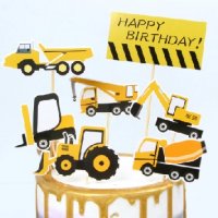 7 бр строителни машини Багер Трактор Кран Happy Birthday топер топери картон декор украса за торта , снимка 1 - Други - 26607125