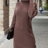 Дамска едноцветна рокля-пуловер с висока яка - 024, снимка 2 - Рокли - 43453054