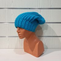 Нова зимна плетена шапка тип джудже в син цвят, снимка 6 - Шапки - 35491097