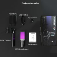 Zealsound RGB USB,професионален,кондензаторен микрофон PC PS4 PS5,Телефон,Запис,Стрийминг,Подкастинг, снимка 4 - Микрофони - 40699485