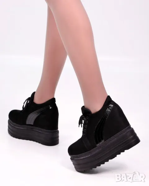 Кецове на платформа - черен велур и лак - SJN56, снимка 1