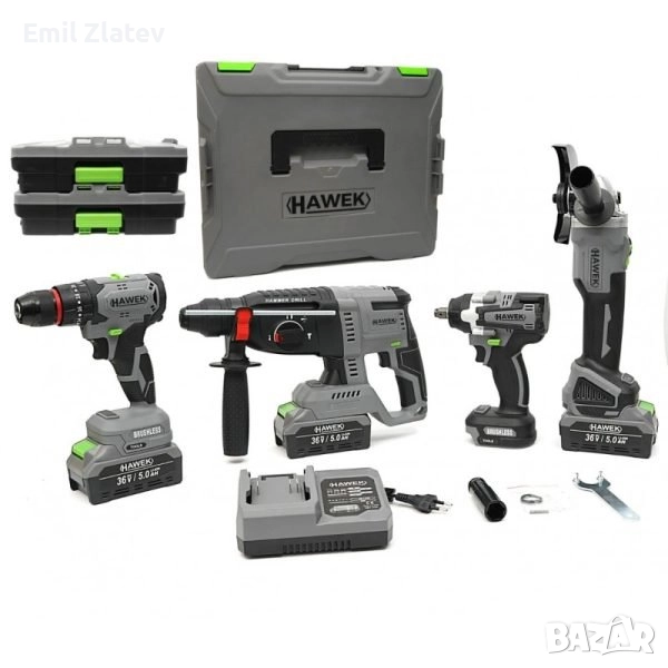 Комплект от акумулаторен перфоратор, ъглошлайф 125 мм, гайковерт и винтоверт 36V с 3 броя батерии 5A, снимка 1