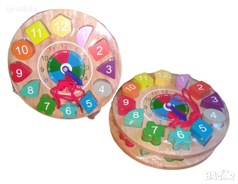 Масивен дървен детски часовник с фигури и връв / Монтесори дървени играчки, снимка 1