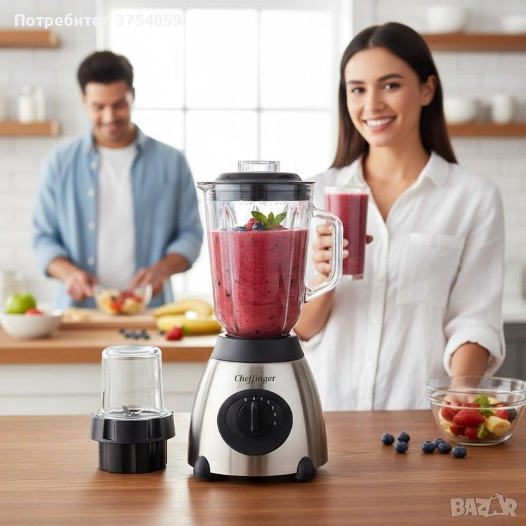 Блендер Cheffinger 1000 W – 1,5 л стъклена кана, мелачка 100 мл, корпус от неръждаема стомана, снимка 1