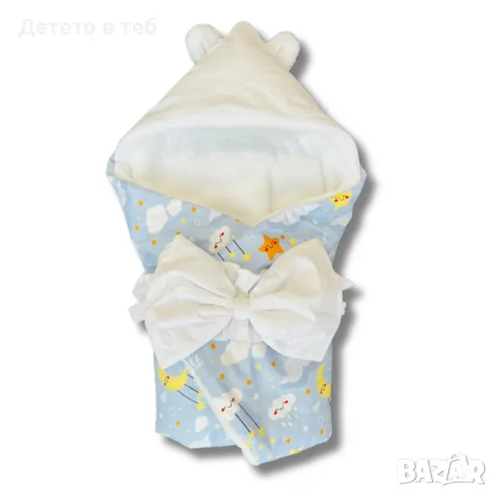 Порт бебе с качулка - сини облаци с бяла кохавлия -75/75, снимка 1