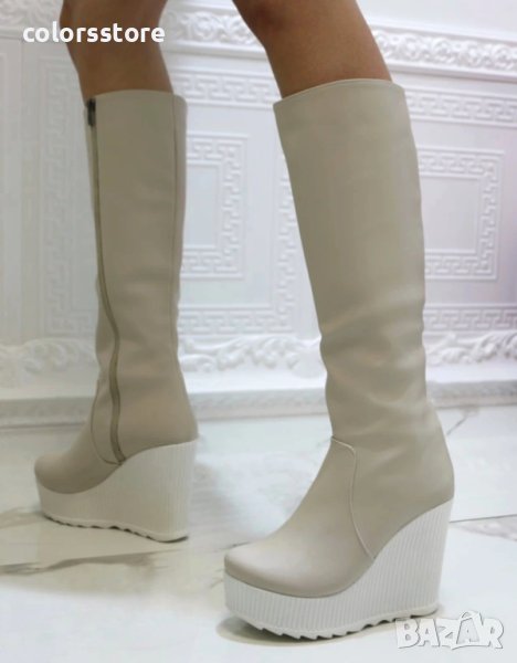 Ботуши на платформа - бежова кожа с бяло ходило - BNP200, снимка 1