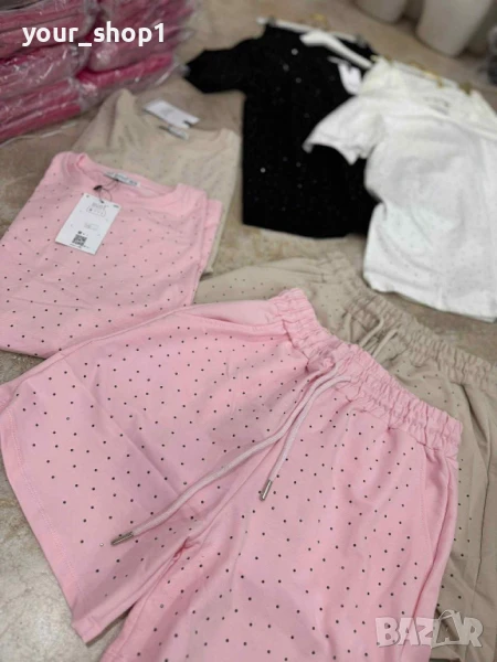 Дамски къс екип сет с камъчета къси панталони тениска , снимка 1