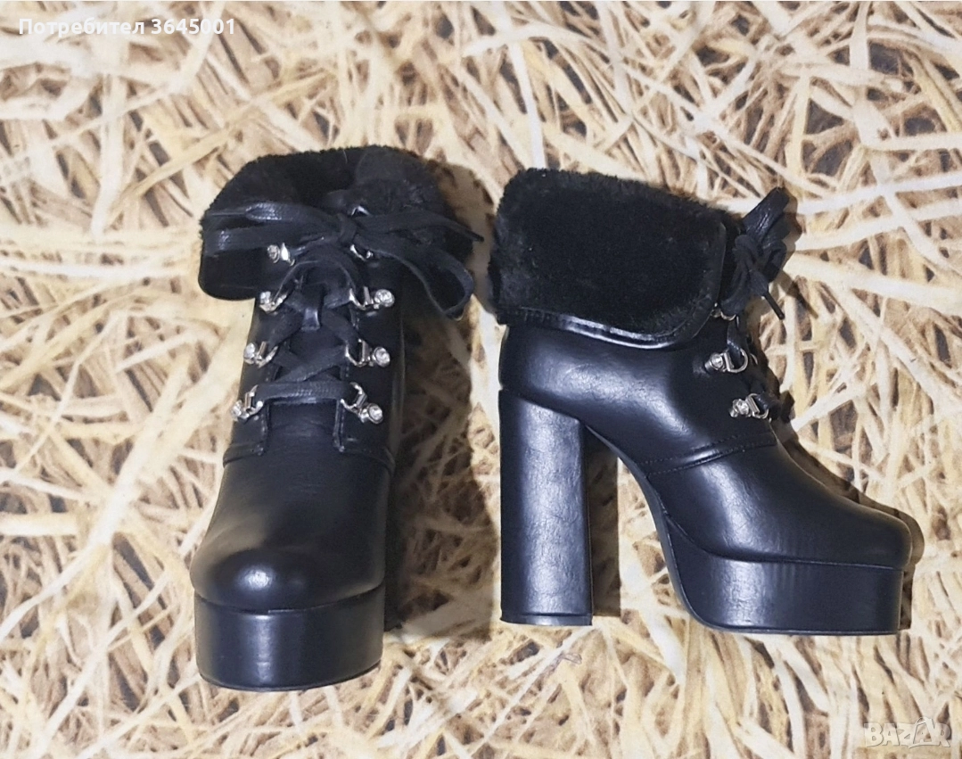 Черни дамски боти от изкуствена кожа с масивен ток и платформа. N36/ НОВИ , снимка 1