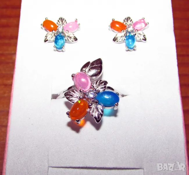 925 сребърни обеци и пръстен с натурални опали подходящи за подарък, снимка 1