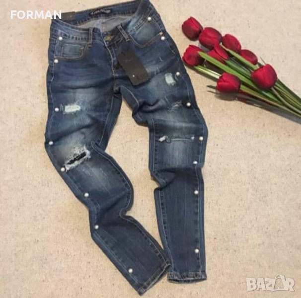 Еластични дънки с накъсан ефект и перли по страничния ръб, снимка 1