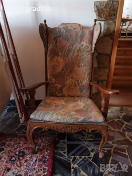 Антикварно кресло ,дъб,дамаска, снимка 1