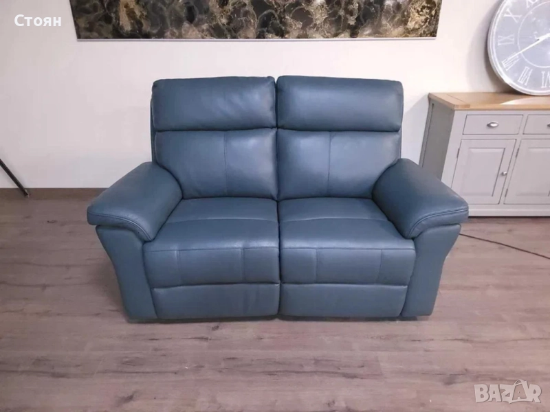 Синьо - зелен кожен диван двойка с ел релакс механизъм La-z-boy, снимка 1