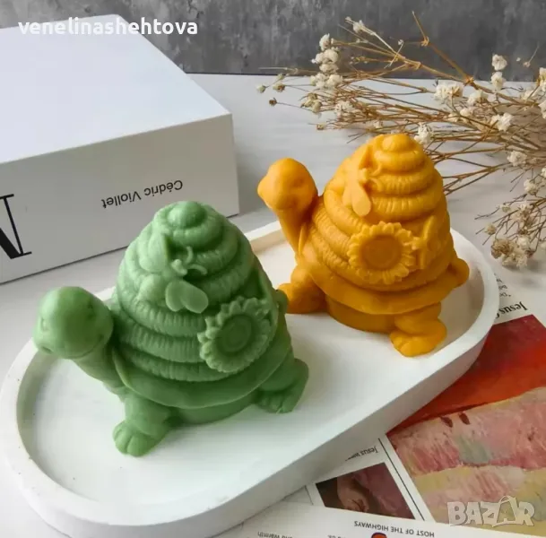 3D Костенурка с цвете и пчеличка Силиконов молд форма калъп за свещи гипс сапун , снимка 1