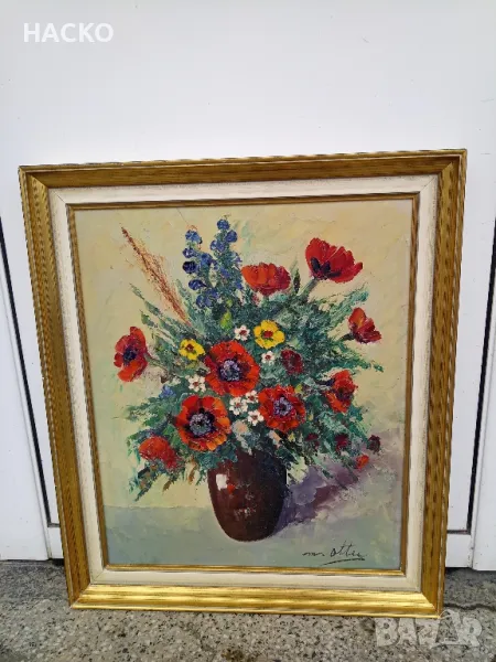 Стара Холанска Картина Масло Въху Ленена Канаваца "ПОЛСКИ ЦВЕТЯ"  Внос от Холандия, снимка 1