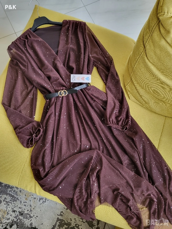 Рокля с брокат и коланче в шоколадово кафяво, снимка 1